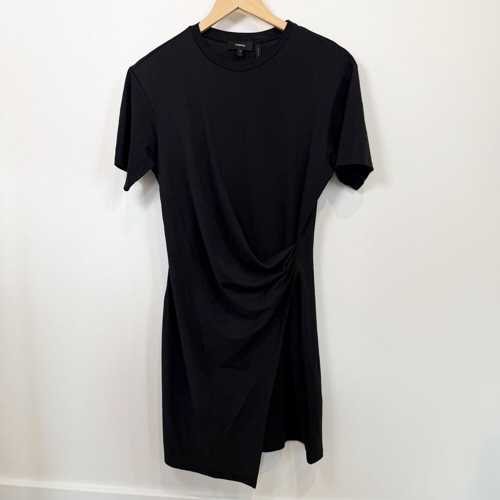 Theory Dress Women Small Black Twist Side Drape T-Shirt Cotton Jersey Ruched - Picture 1 of 8